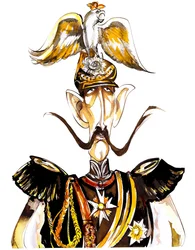 Caricatura en color de Guillermo II, emperador de Alemania y rey de Prusia (1859-1941) con casco de águila
